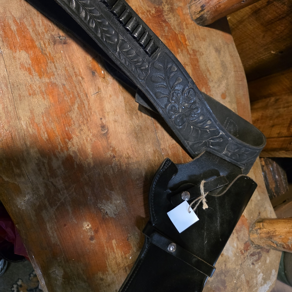 Black Leather Embossed Belt with Holster